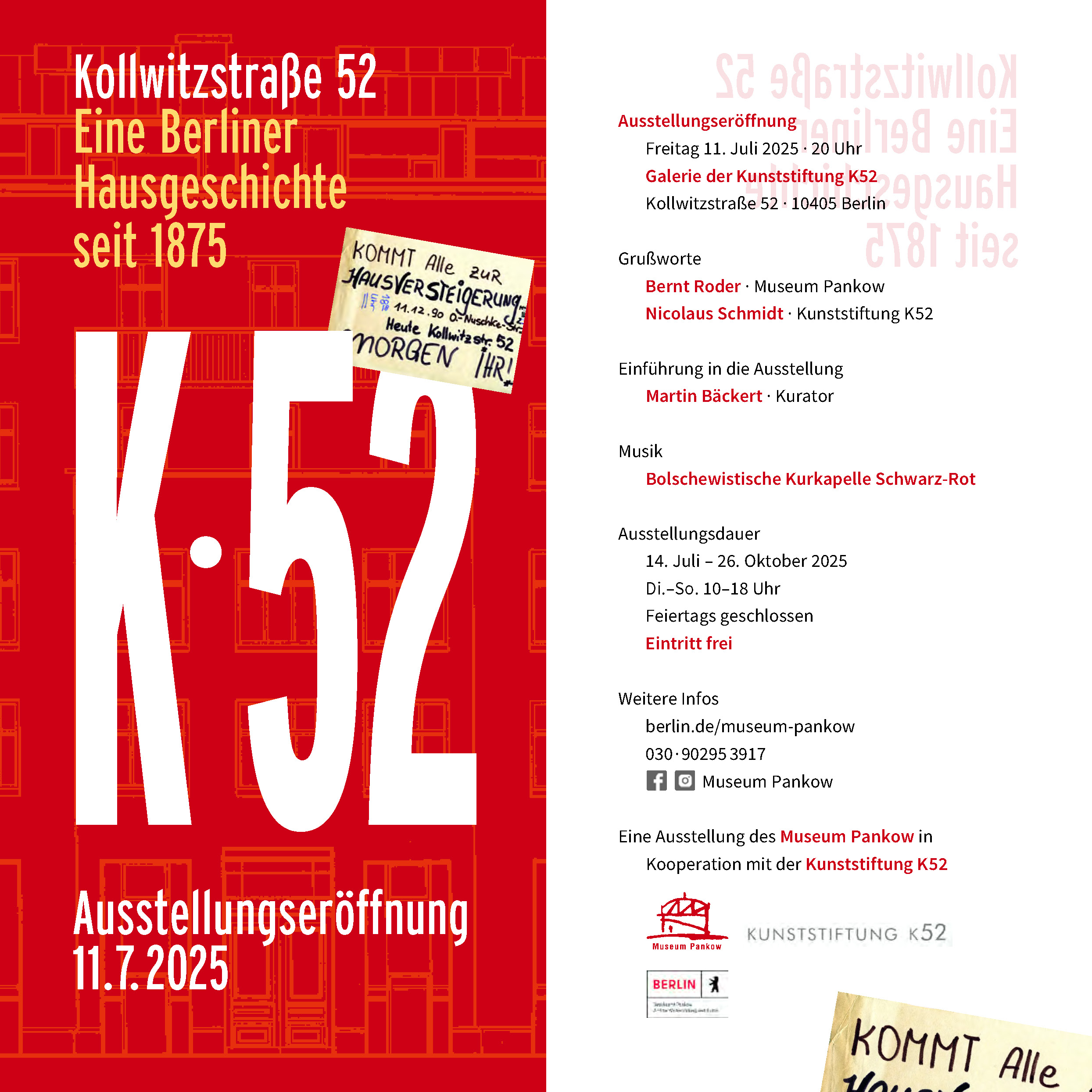 Die Einladung zu einer Ausstellung über die Geschichte des Hauses Kollwitzstraße 52 in Berlin, Prenzlauer Berg